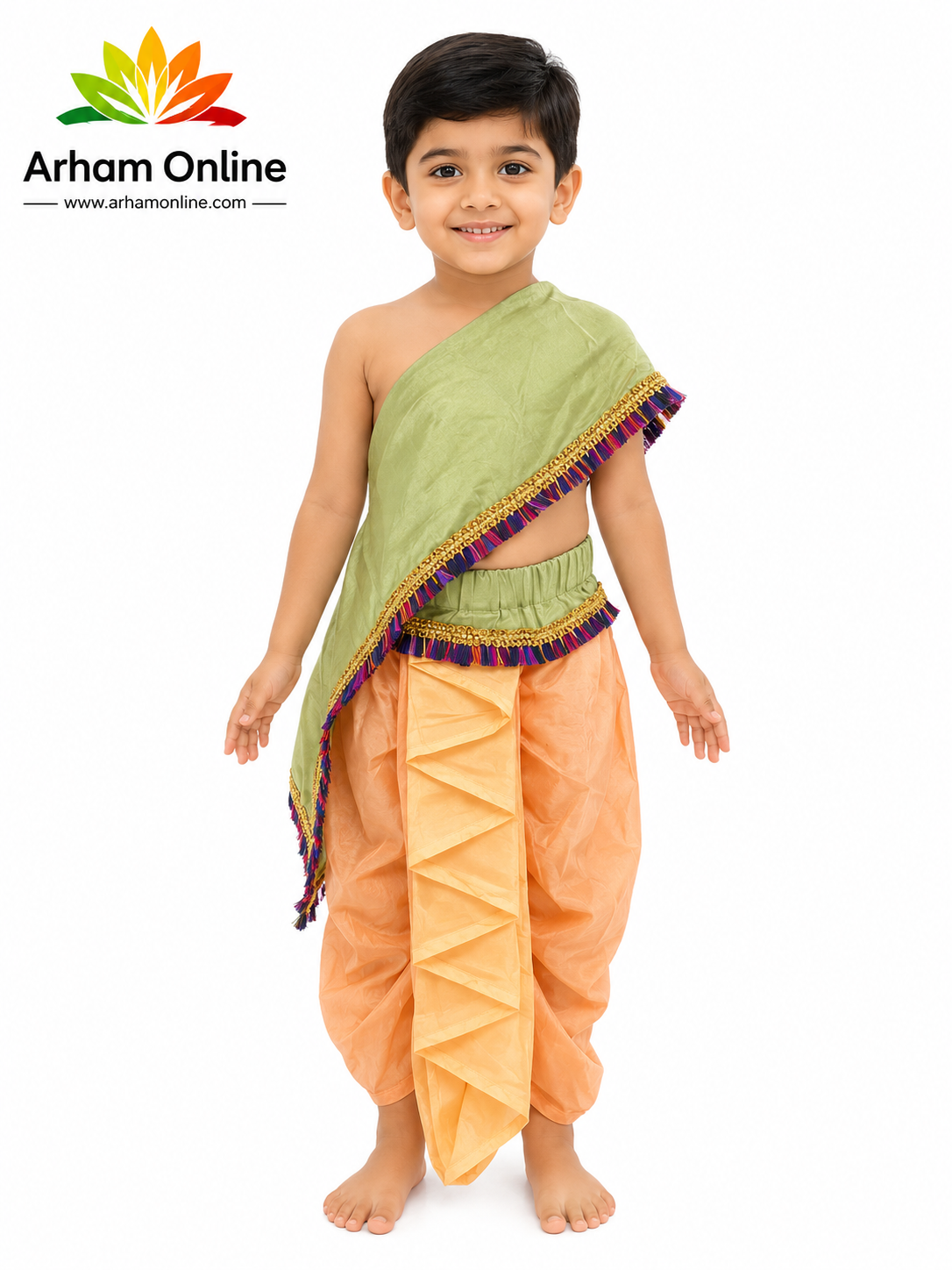 Smiling child wearing a green draped top with gold fringe and orange pleated pants, barefoot, standing against a white background (Arham Online logo top left).