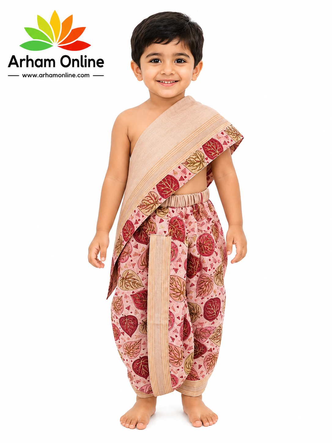 Smiling boy in beige and pink traditional Indian outfit with a leaf pattern, Arham Online logo on the left.