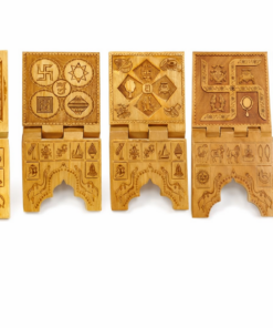 Five connected wooden carved boxes with arched openings at bottom, each lid featuring intricate cultural motifs.