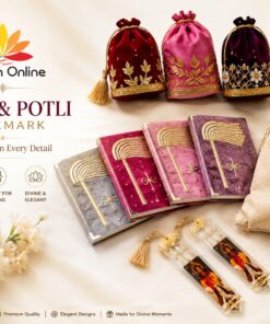 Arham Online logo with gold-edged embroidered diaries and colorful potli pouches on a cream background, advertising Diary & Potli Bookmarks.