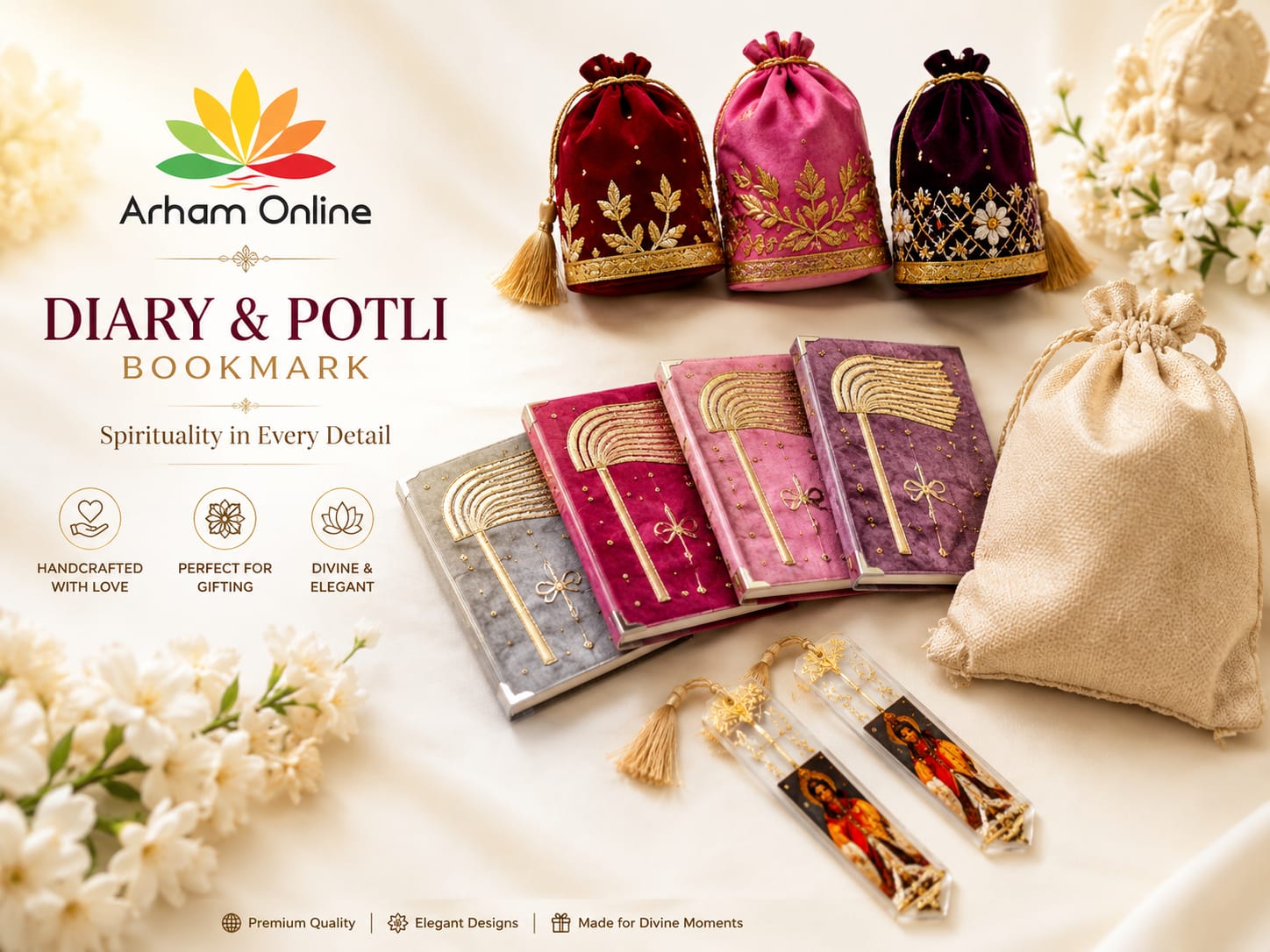 Arham Online logo with gold-edged embroidered diaries and colorful potli pouches on a cream background, advertising Diary & Potli Bookmarks.