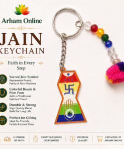 Jain keychain with rainbow beads and colorful tassels; shows Arham Online logo and text about symbols and gifting features.