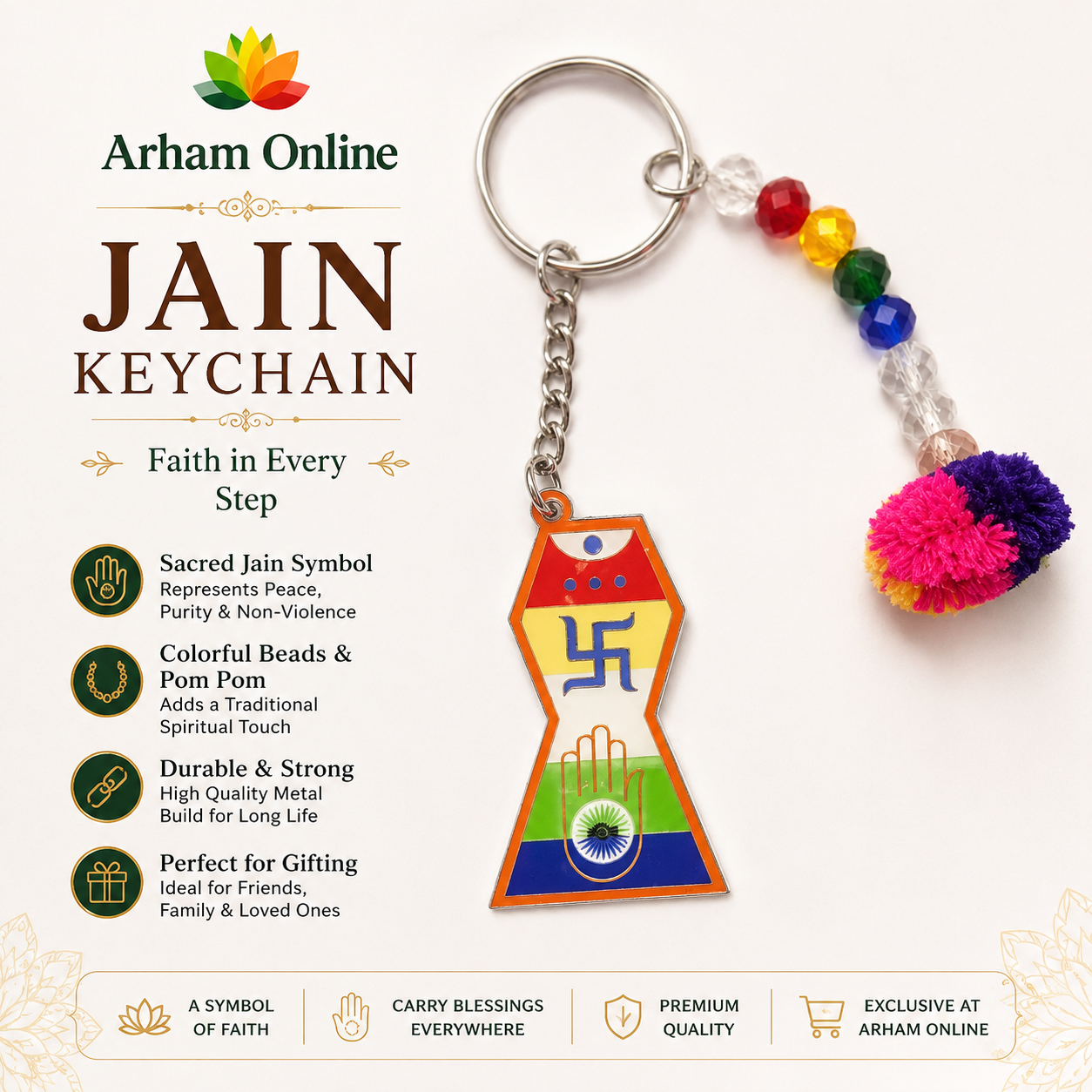 Jain keychain with rainbow beads and colorful tassels; shows Arham Online logo and text about symbols and gifting features.