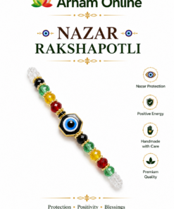 Colorful beaded bracelet with a blue evil-eye charm on a diagonal, branded Arham Online Nazar Rakshapotli.