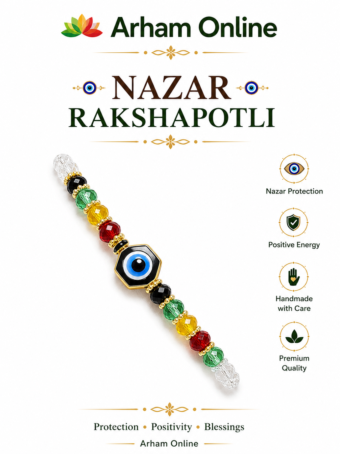 Nazar Rakshapotli Colorful beaded bracelet with a blue evil-eye charm on a diagonal, branded Arham Online Nazar Rakshapotli.