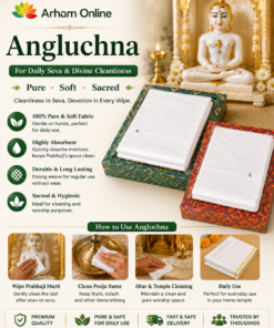 Angluchna product display: two wrapped cloths in ornate patterned boxes beside a Buddha statue on a shrine.