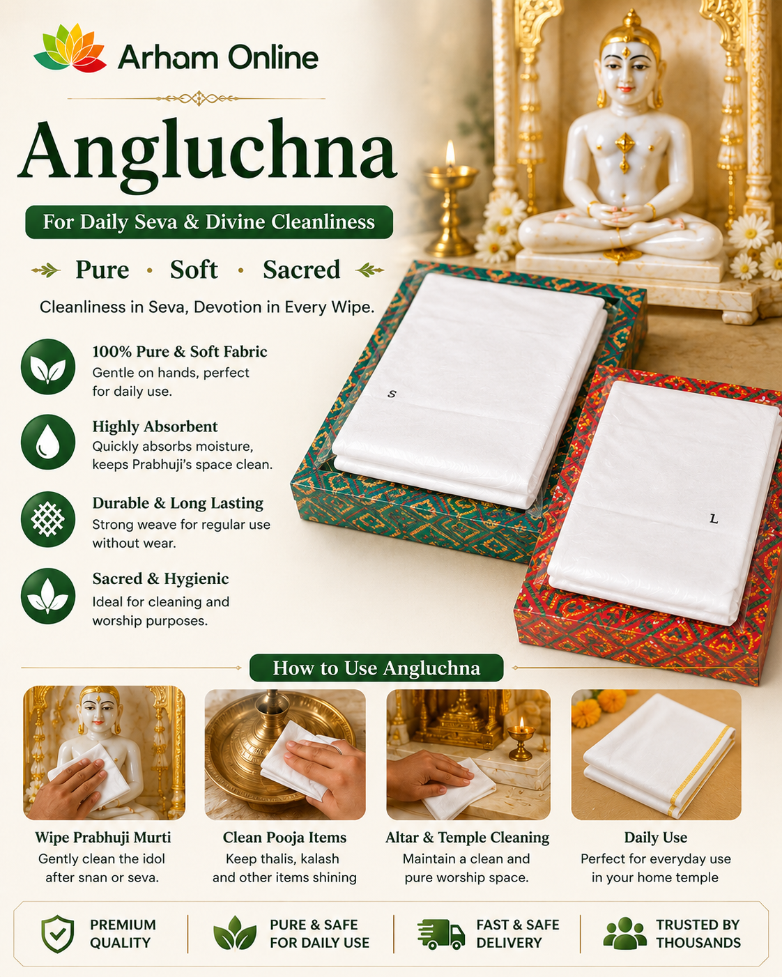 Product image-Angluchna Angluchna product display: two wrapped cloths in ornate patterned boxes beside a Buddha statue on a shrine.