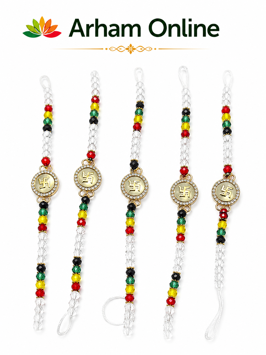 Rakshapotli -bulk Set of five decorative beaded bracelets with multicolored beads and gold coin pendants, displayed vertically under the Arham Online logo.",