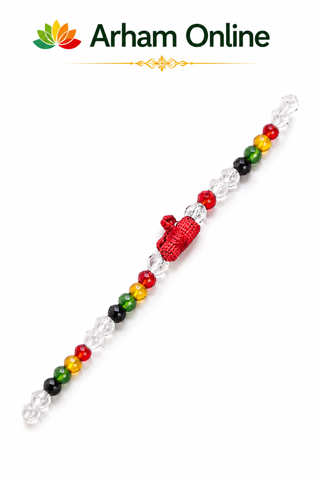 rakshapotli Colorful beaded bracelet with rainbow-colored round beads and a red woven knot on a white background