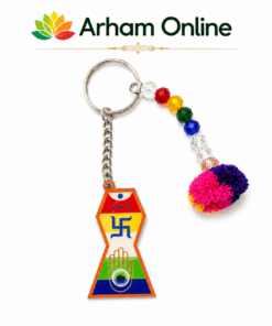 Colorful bead keychain with a multicolor bead strand and a pink pom-pom, featuring a triangular pendant in Indian flag colors with a blue swastika and raised hand.