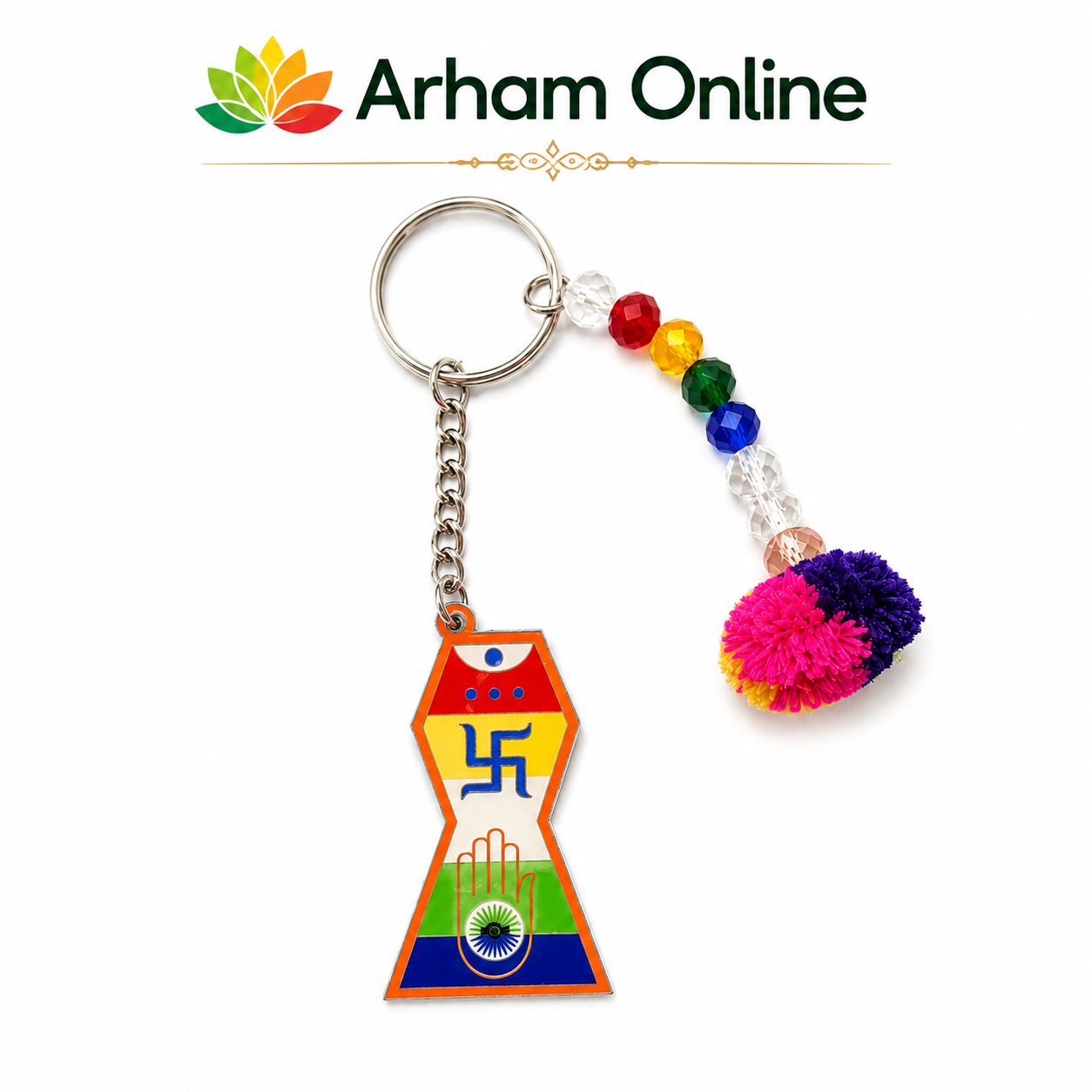 smiple-whiteback ground-Jain keychain Colorful bead keychain with a multicolor bead strand and a pink pom-pom, featuring a triangular pendant in Indian flag colors with a blue swastika and raised hand.